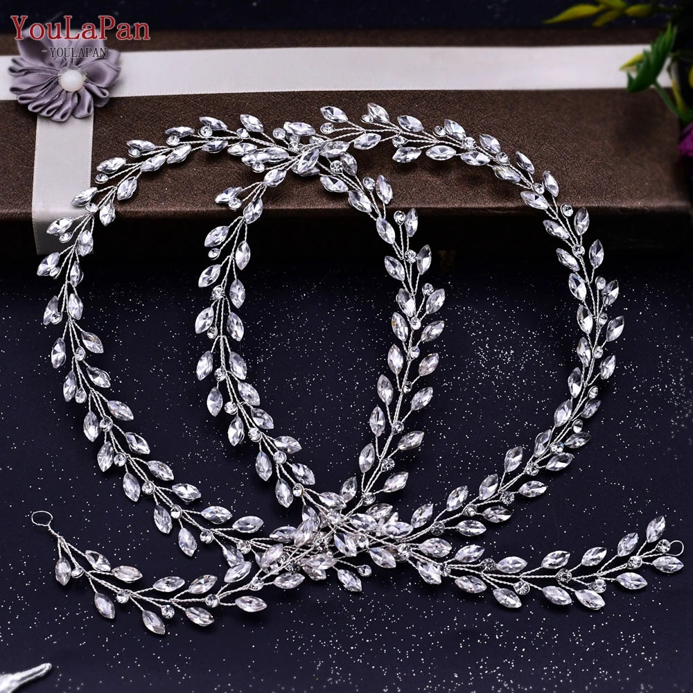 TOPQUEEN Handmade Wedding Hair Vine Silver Rhinestone Bridal Headband Long Women Headwear Wedding Party Hair Accessories