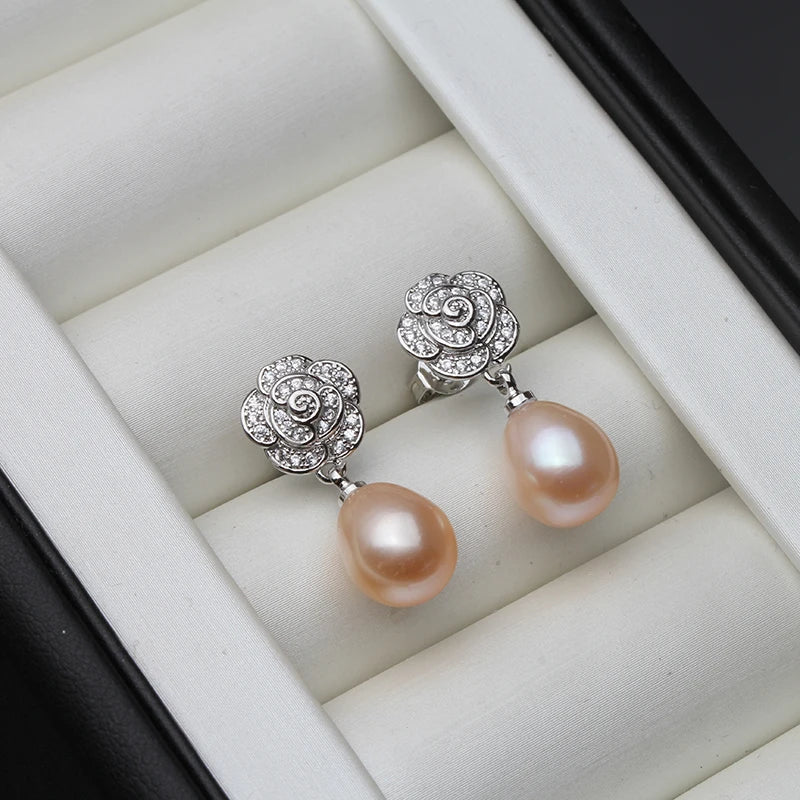 Vintage 925 Sterling Silver Flower Natural Freshwater Pearl Earrings For Women Jewelry Engagement Gift White Purple Black