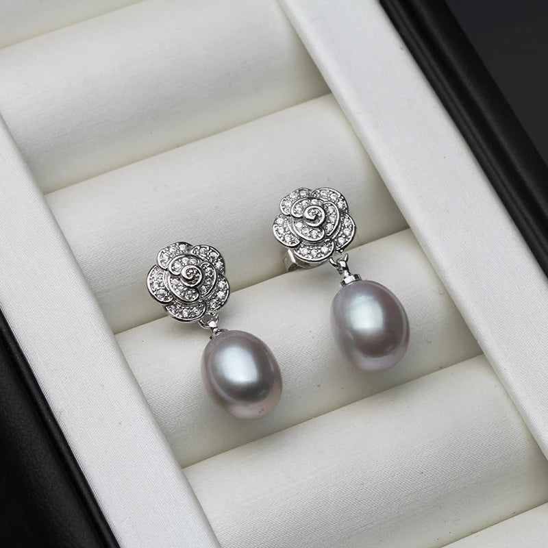 Vintage 925 Sterling Silver Flower Natural Freshwater Pearl Earrings For Women Jewelry Engagement Gift White Purple Black