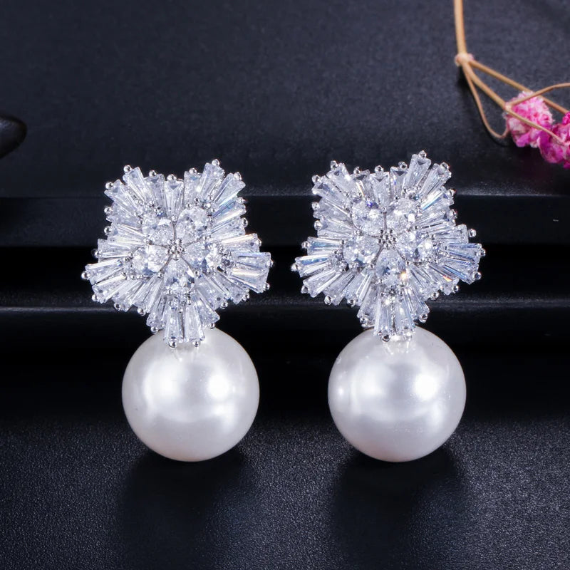 Pera Noble Design CZ Brand Jewelry Big Freshwater Simulated Pearl Long Drop Bridal Wedding Party Earrings for Brides E027