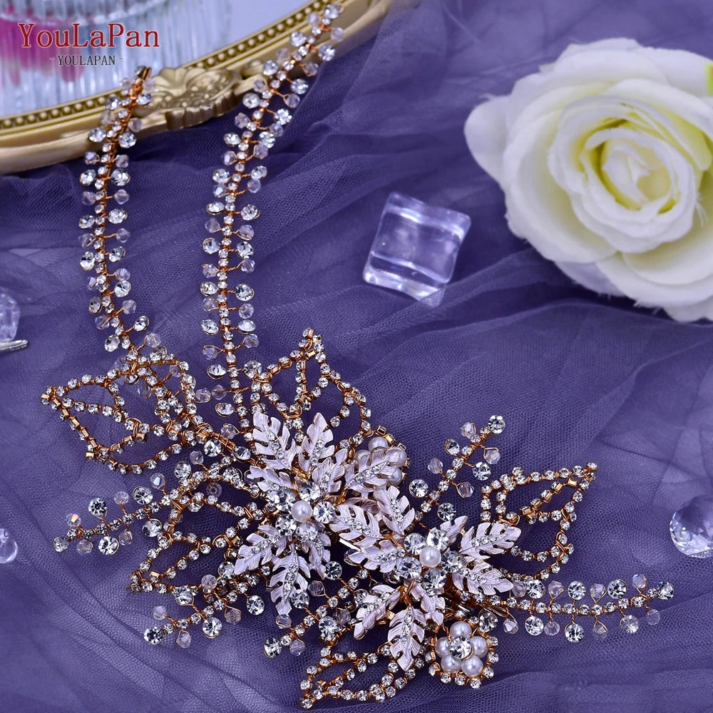 TOPQUEEN Bridal Side Clip Wedding Tiara Bridal Hairpins Handmade Rhinestone Women Headwear Alloy Flower Bride Headdress