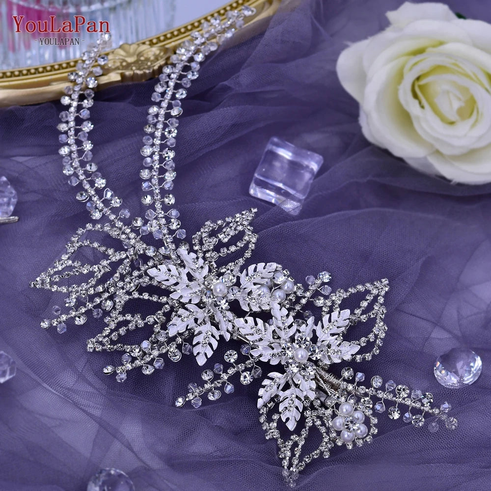 TOPQUEEN Bridal Side Clip Wedding Tiara Bridal Hairpins Handmade Rhinestone Women Headwear Alloy Flower Bride Headdress