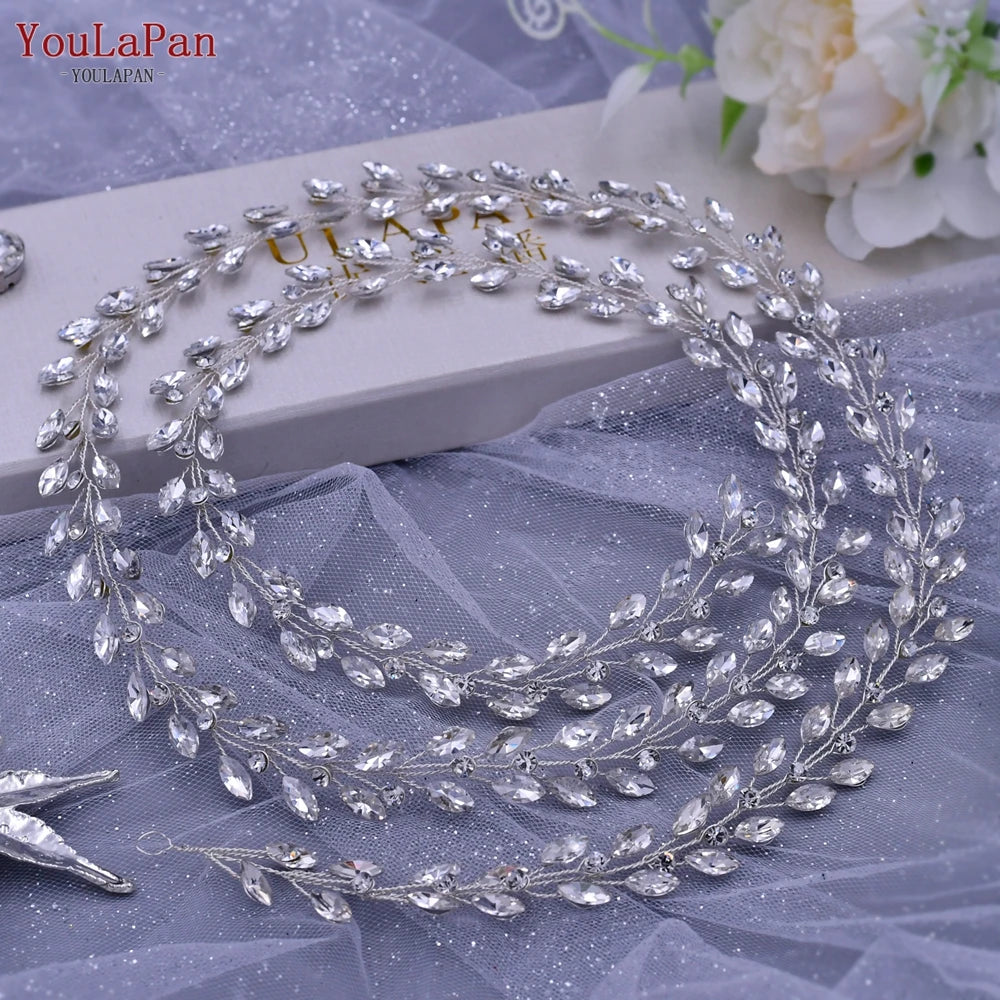 TOPQUEEN Handmade Wedding Hair Vine Silver Rhinestone Bridal Headband Long Women Headwear Wedding Party Hair Accessories