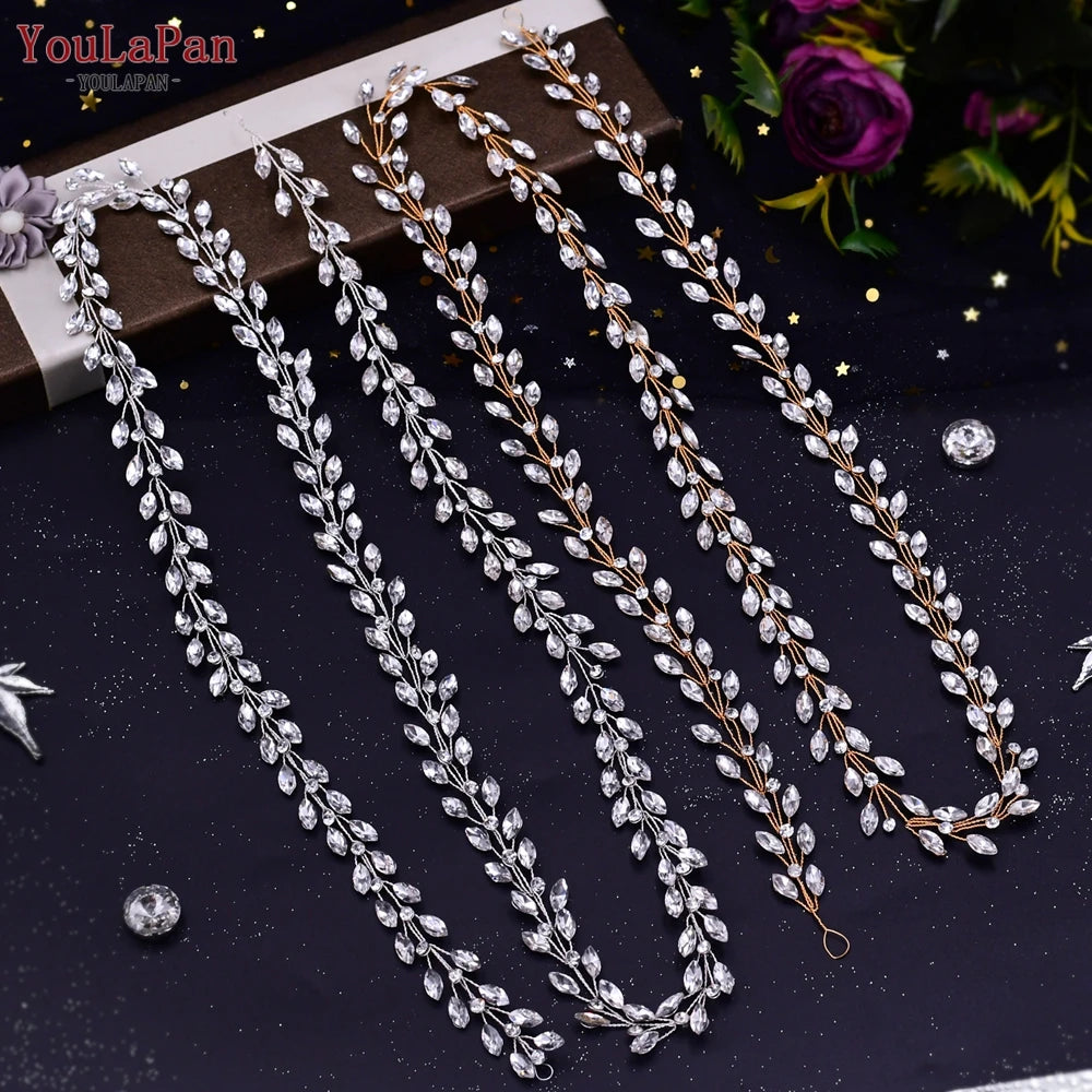TOPQUEEN Handmade Wedding Hair Vine Silver Rhinestone Bridal Headband Long Women Headwear Wedding Party Hair Accessories