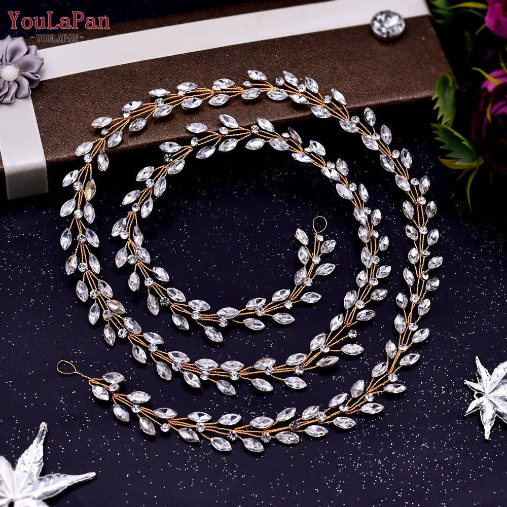 TOPQUEEN Handmade Wedding Hair Vine Silver Rhinestone Bridal Headband Long Women Headwear Wedding Party Hair Accessories