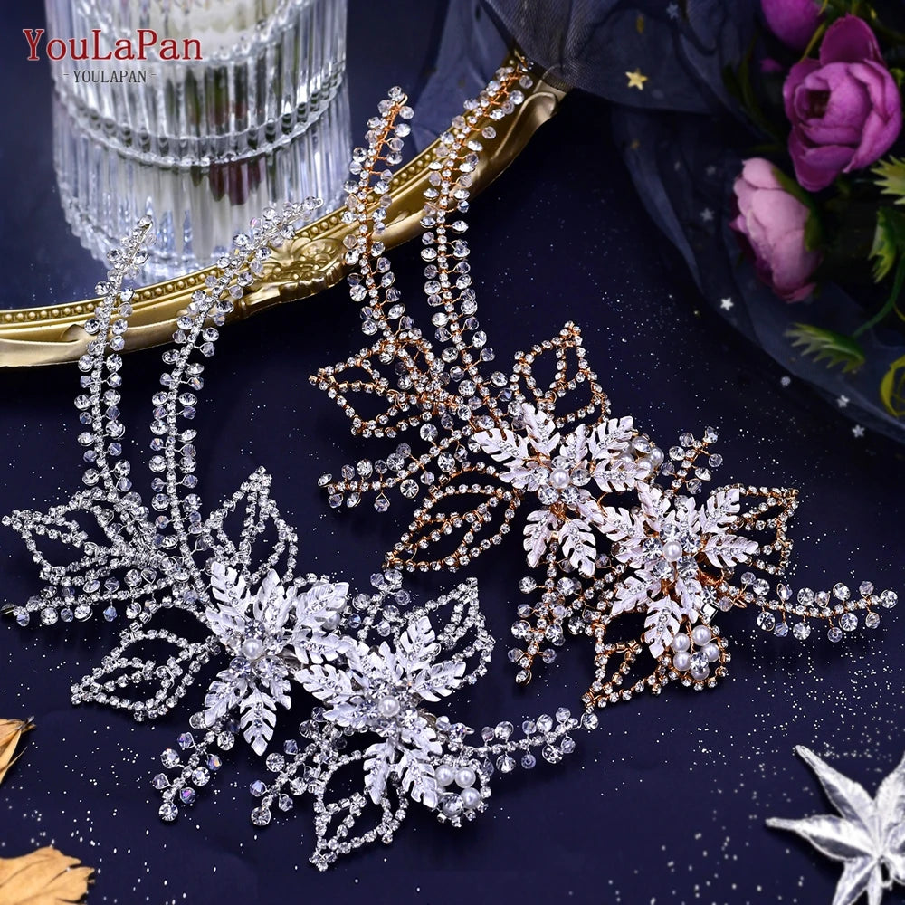 TOPQUEEN Bridal Side Clip Wedding Tiara Bridal Hairpins Handmade Rhinestone Women Headwear Alloy Flower Bride Headdress