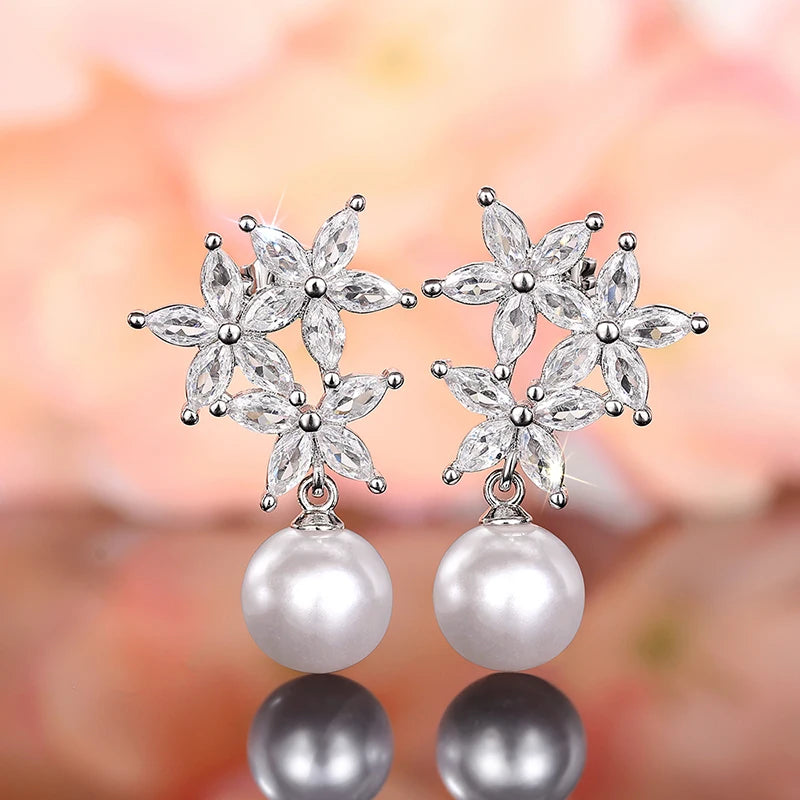 Huitan Luxury Imitation Pearl Drop Earrings Female Aesthetic Flower Accessories with Bright Zirconia Delicate Engagement Jewelry