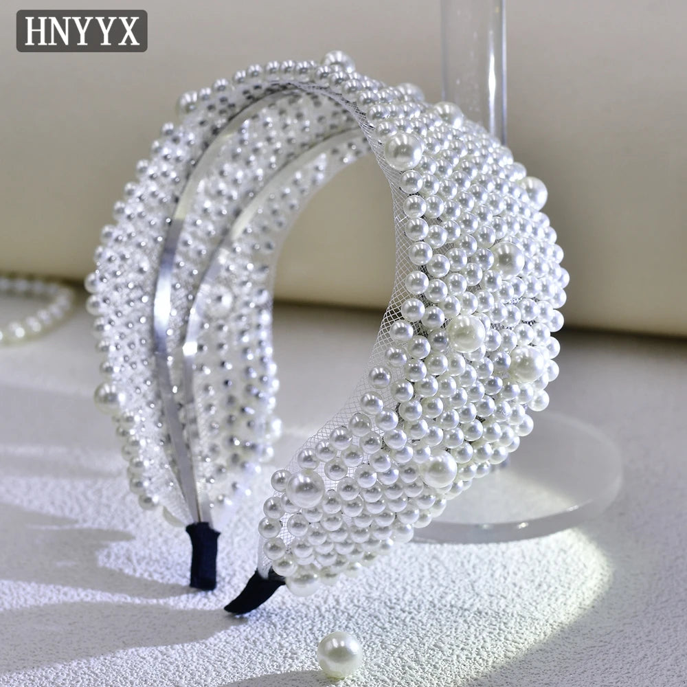 HNYYX Pearl Wide Hair Hoop Korean Popular Headband Alloy Double Row Hairband Party Fashion Hair Accessories