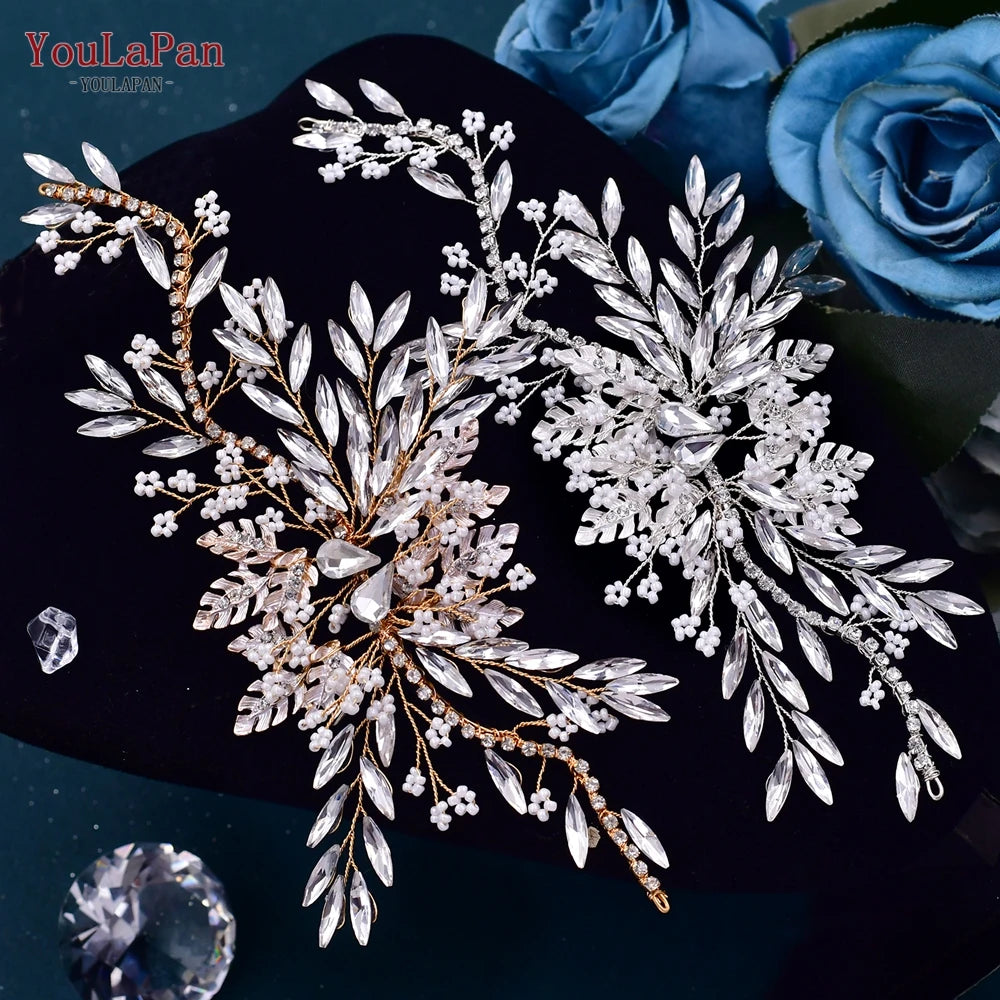 TOPQUEEN Bridal Side Clip Wedding Tiara Bridal Hairpins Handmade Rhinestone Women Headwear Alloy Flower Bride Headdress