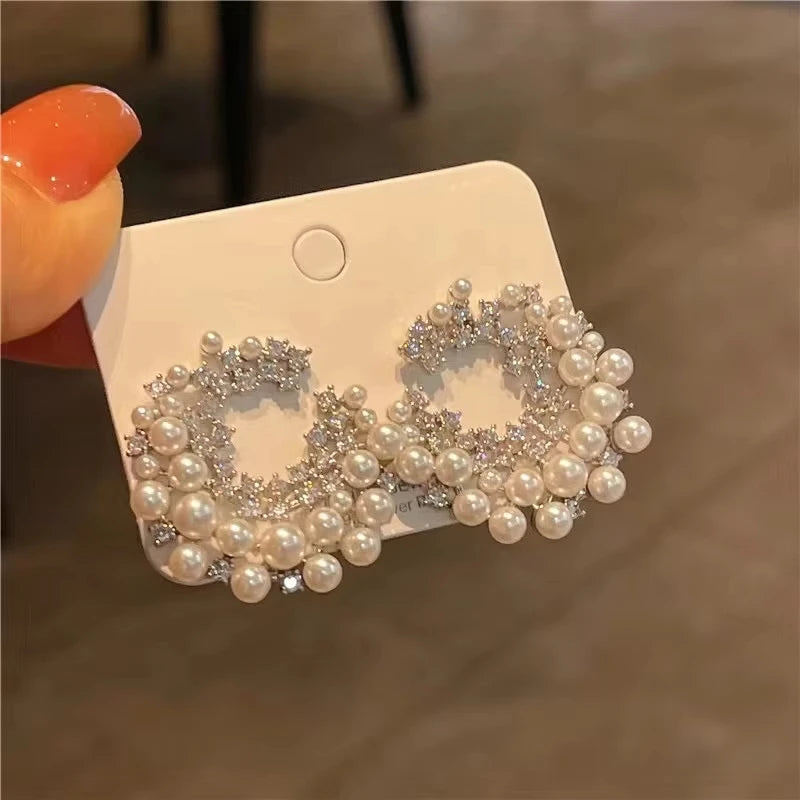 FTCY Vintage Imitation Pearl Stud Earrings for Women Geometric C-Shape Irregular Big Pearl Hoop Earrings Women's Party Jewelry
