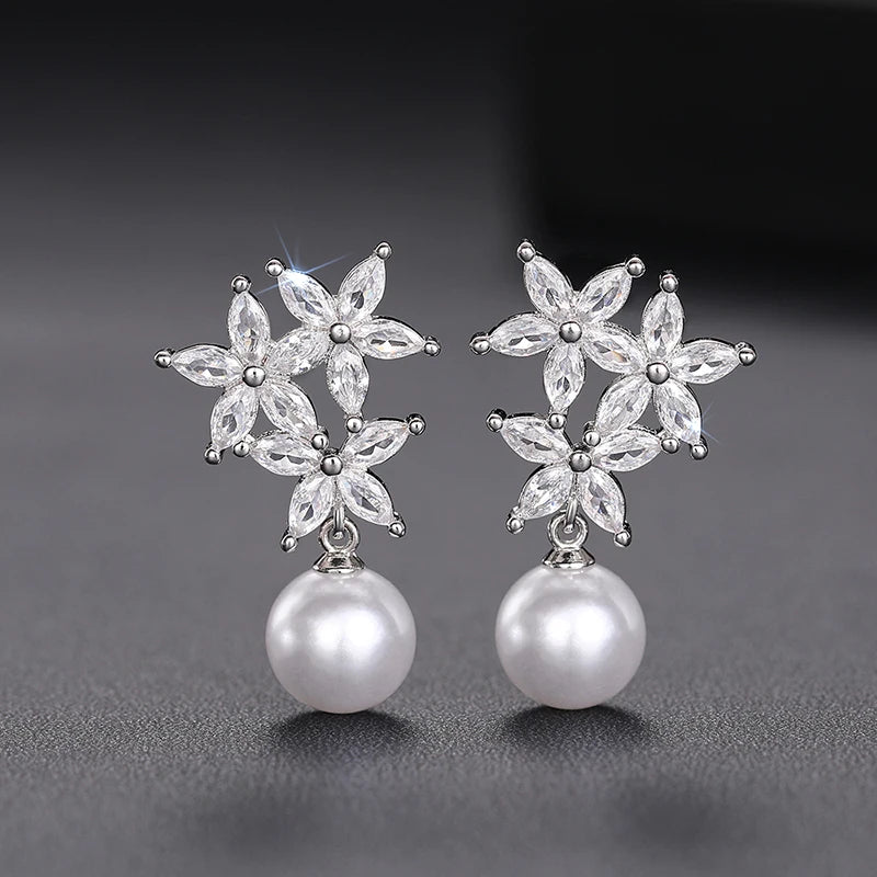Huitan Luxury Imitation Pearl Drop Earrings Female Aesthetic Flower Accessories with Bright Zirconia Delicate Engagement Jewelry