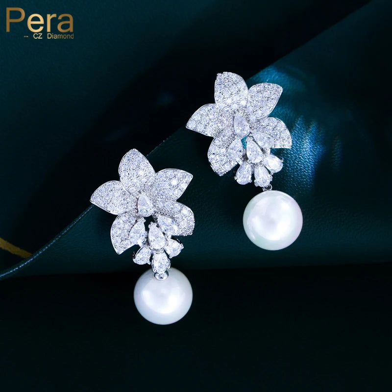 Pera Graceful Flower Charm White Cubic Zirconia Long Dangly Pearl Drop Earrings for Women Fashion Bridal Wedding Jewelry