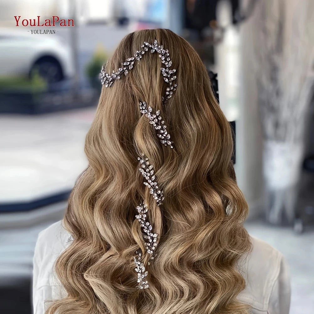 TOPQUEEN Handmade Wedding Hair Vine Silver Rhinestone Bridal Headband Long Women Headwear Wedding Party Hair Accessories
