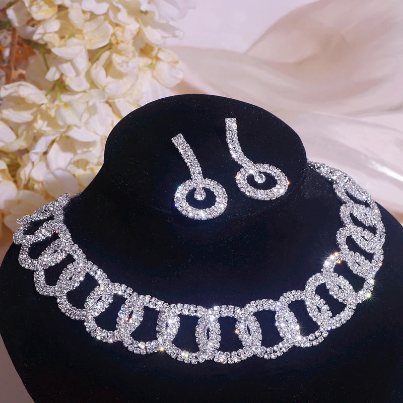 Sparkling Rhinestone Necklace Earrings Set for Women Silver Color Elegant Crystal Choker Necklace Bridal Wedding Jewelry Set