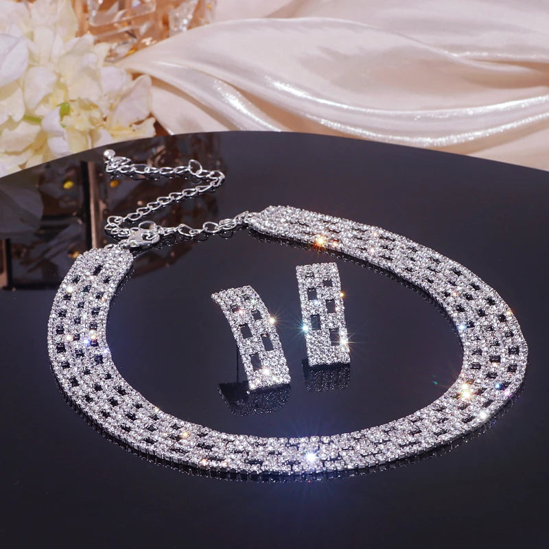 Sparkling Rhinestone Necklace Earrings Set for Women Silver Color Elegant Crystal Choker Necklace Bridal Wedding Jewelry Set