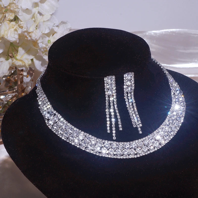 Sparkling Rhinestone Necklace Earrings Set for Women Silver Color Elegant Crystal Choker Necklace Bridal Wedding Jewelry Set