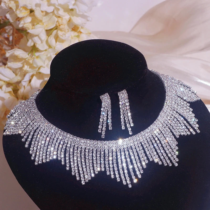 Sparkling Rhinestone Necklace Earrings Set for Women Silver Color Elegant Crystal Choker Necklace Bridal Wedding Jewelry Set