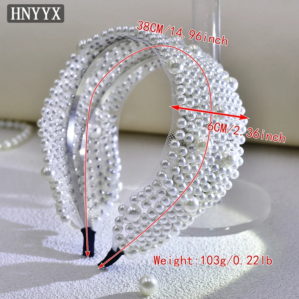 HNYYX Pearl Wide Hair Hoop Korean Popular Headband Alloy Double Row Hairband Party Fashion Hair Accessories