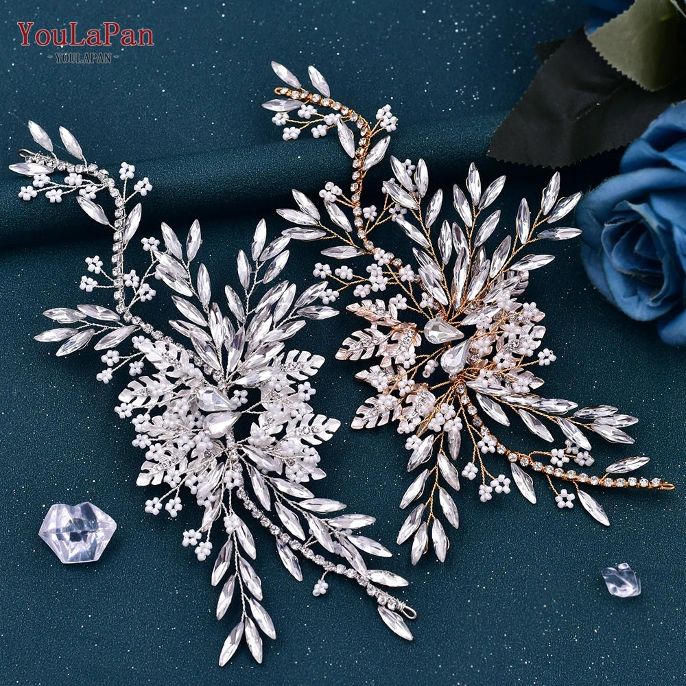 TOPQUEEN Bridal Side Clip Wedding Tiara Bridal Hairpins Handmade Rhinestone Women Headwear Alloy Flower Bride Headdress