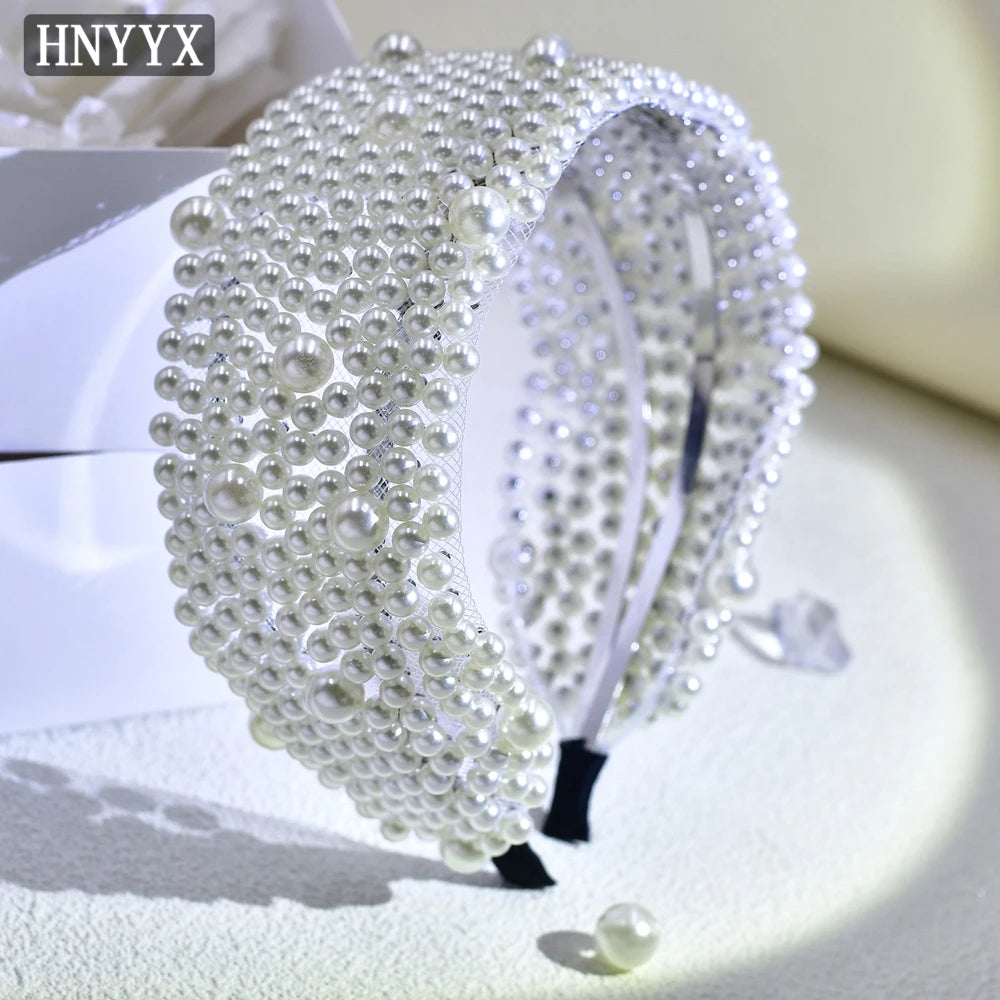 HNYYX Pearl Wide Hair Hoop Korean Popular Headband Alloy Double Row Hairband Party Fashion Hair Accessories