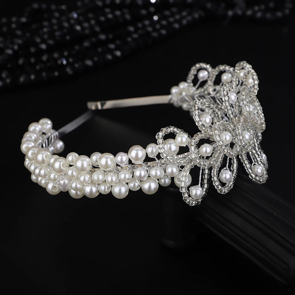 Handmade Wedding Luxury Tiara Princess Crowns Bridal Pearl Headband Costume Hair Accessories For Women Crystal bead Head Jewelry