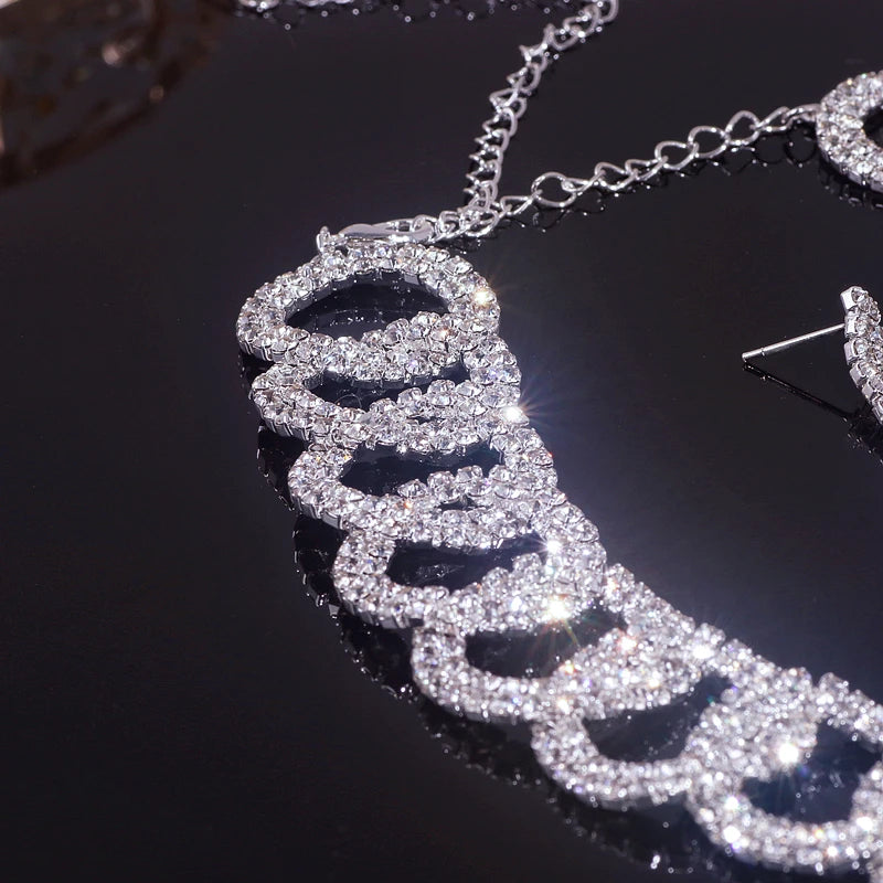 Sparkling Rhinestone Necklace Earrings Set for Women Silver Color Elegant Crystal Choker Necklace Bridal Wedding Jewelry Set