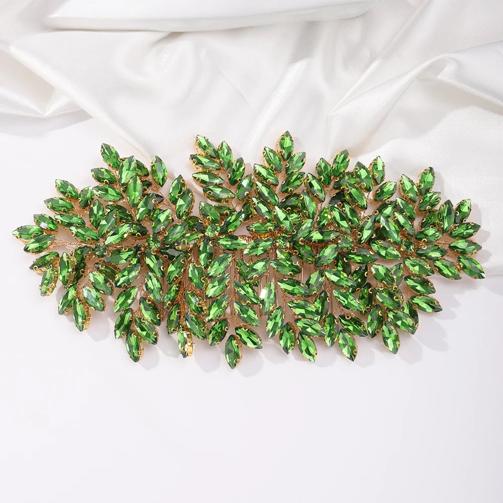 Green Rhinestone Bridal Hair Comb Headpiece Red Handmade Wedding Hair Accessories Party Jewelry Tiara for Women Girls Headdress