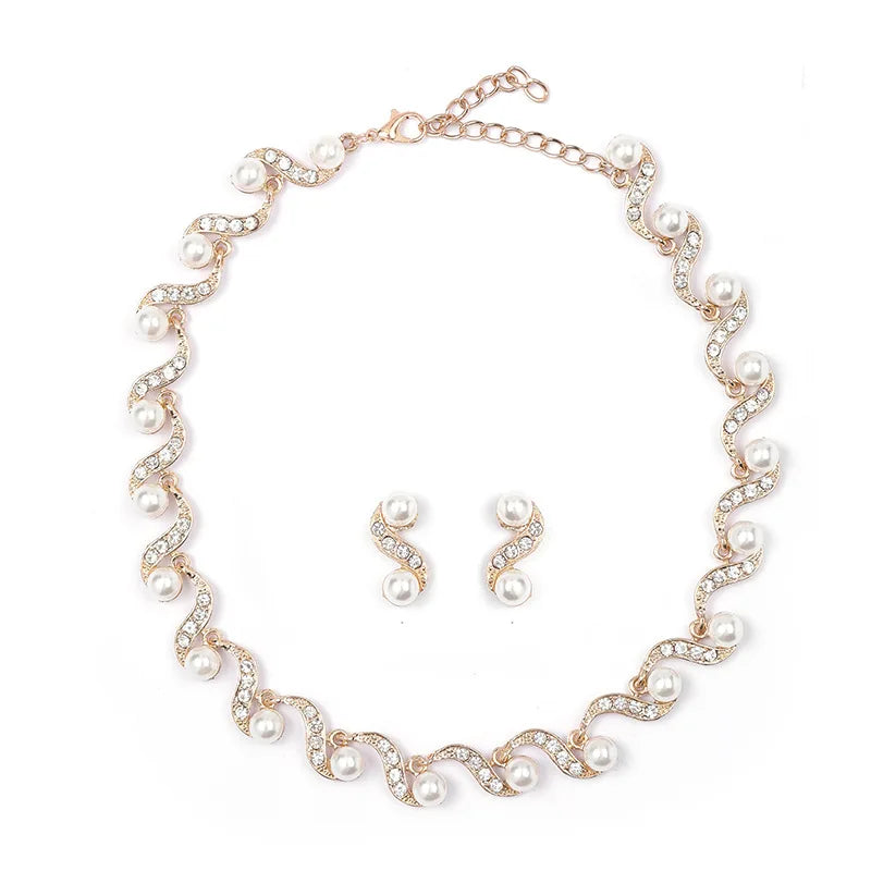 Pearl Necklace Earrings Two-piece Female Wedding Necklace Set Alloy