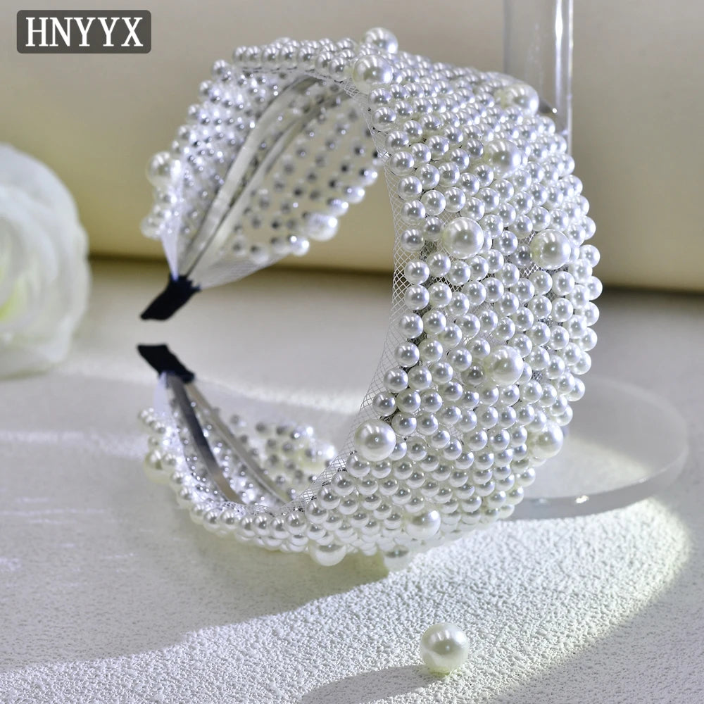 HNYYX Pearl Wide Hair Hoop Korean Popular Headband Alloy Double Row Hairband Party Fashion Hair Accessories
