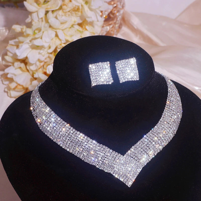 Sparkling Rhinestone Necklace Earrings Set for Women Silver Color Elegant Crystal Choker Necklace Bridal Wedding Jewelry Set