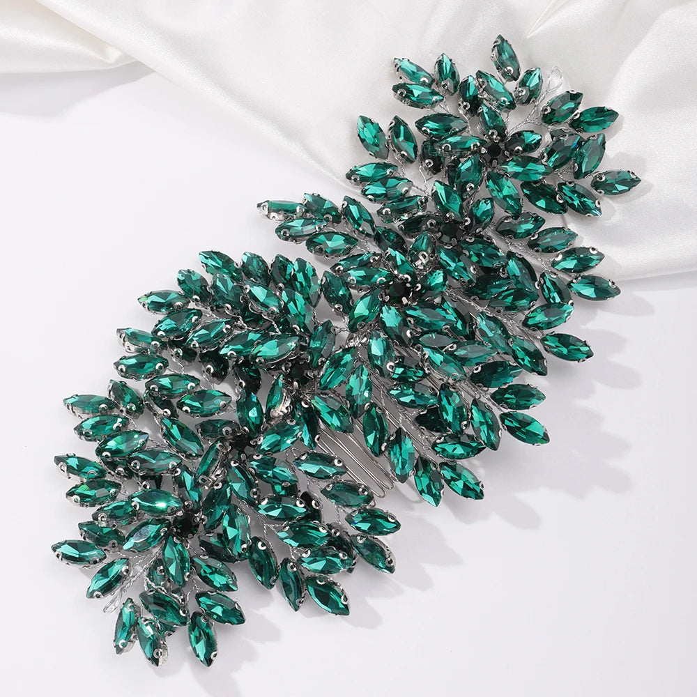 Green Rhinestone Bridal Hair Comb Headpiece Red Handmade Wedding Hair Accessories Party Jewelry Tiara for Women Girls Headdress