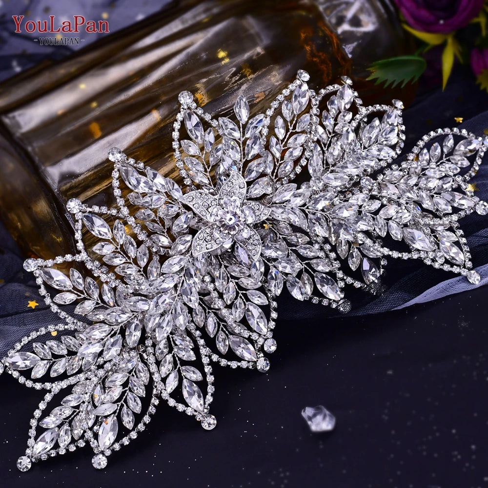 TOPQUEEN Bridal Side Clip Wedding Tiara Bridal Hairpins Handmade Rhinestone Women Headwear Alloy Flower Bride Headdress