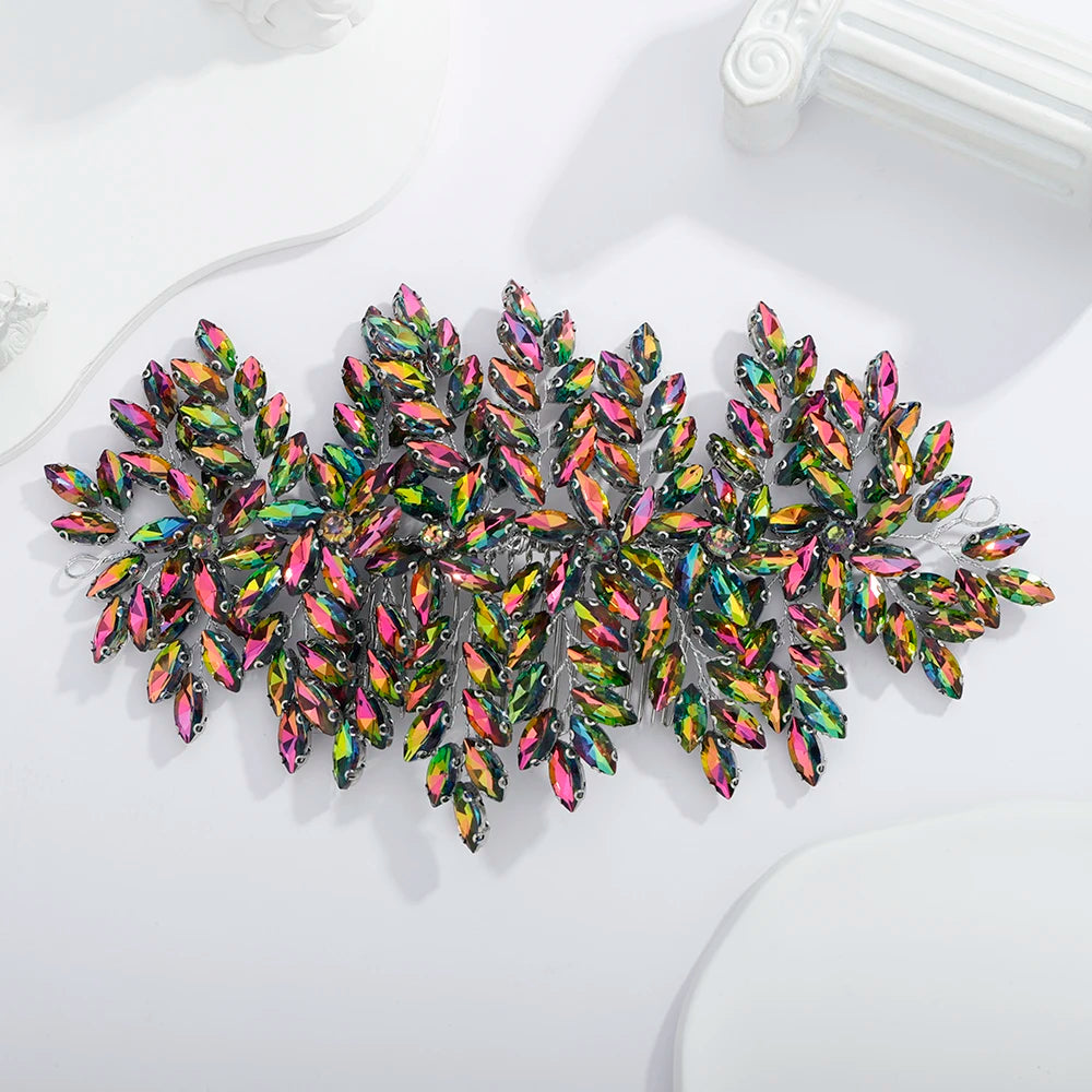 Green Rhinestone Bridal Hair Comb Headpiece Red Handmade Wedding Hair Accessories Party Jewelry Tiara for Women Girls Headdress