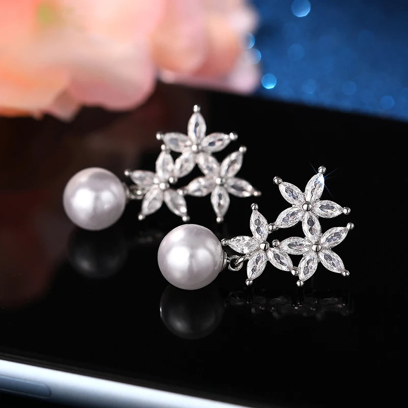 Huitan Luxury Imitation Pearl Drop Earrings Female Aesthetic Flower Accessories with Bright Zirconia Delicate Engagement Jewelry