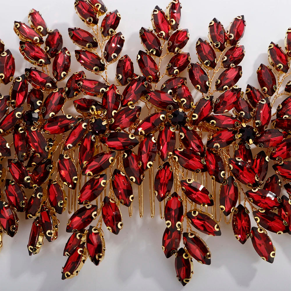Green Rhinestone Bridal Hair Comb Headpiece Red Handmade Wedding Hair Accessories Party Jewelry Tiara for Women Girls Headdress