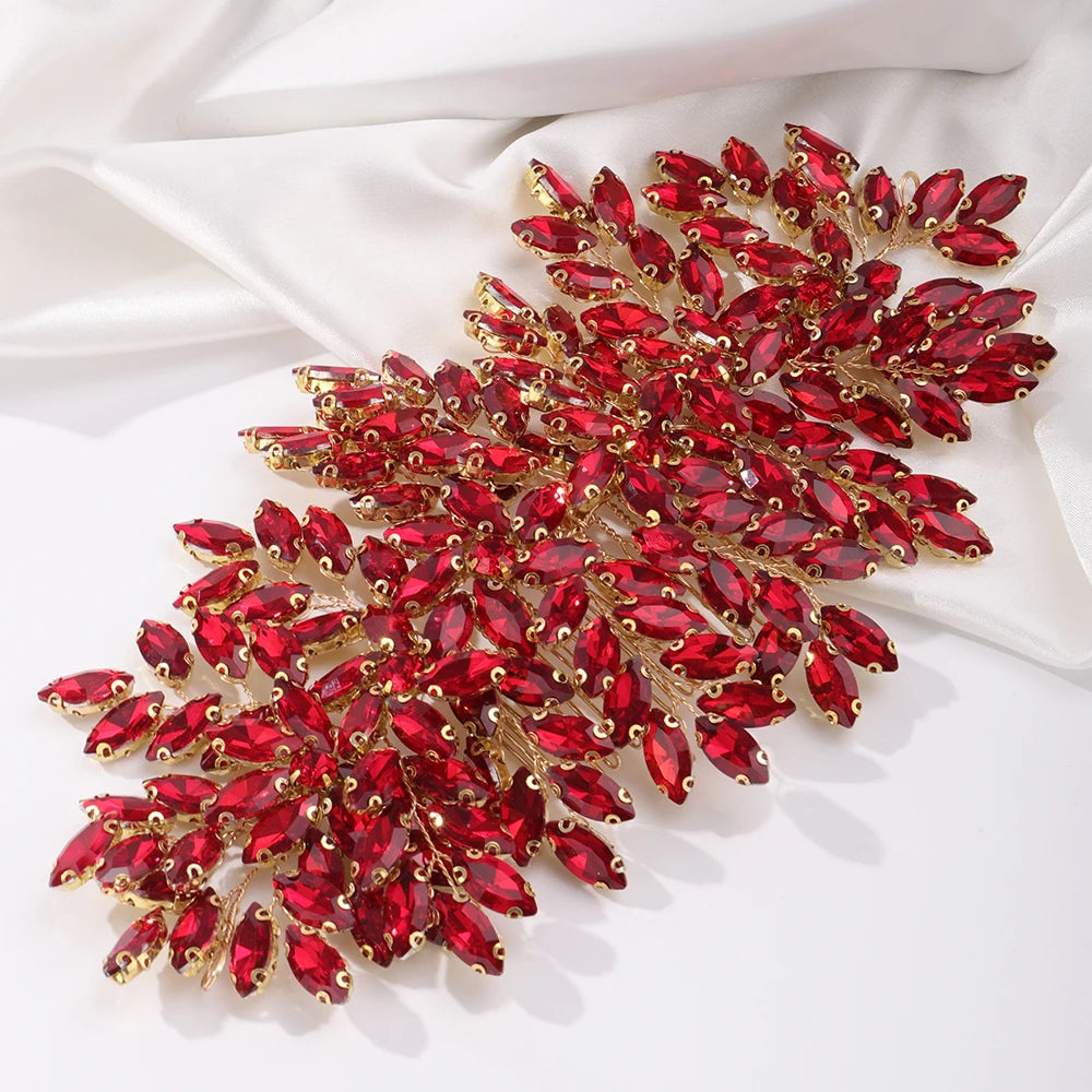 Green Rhinestone Bridal Hair Comb Headpiece Red Handmade Wedding Hair Accessories Party Jewelry Tiara for Women Girls Headdress