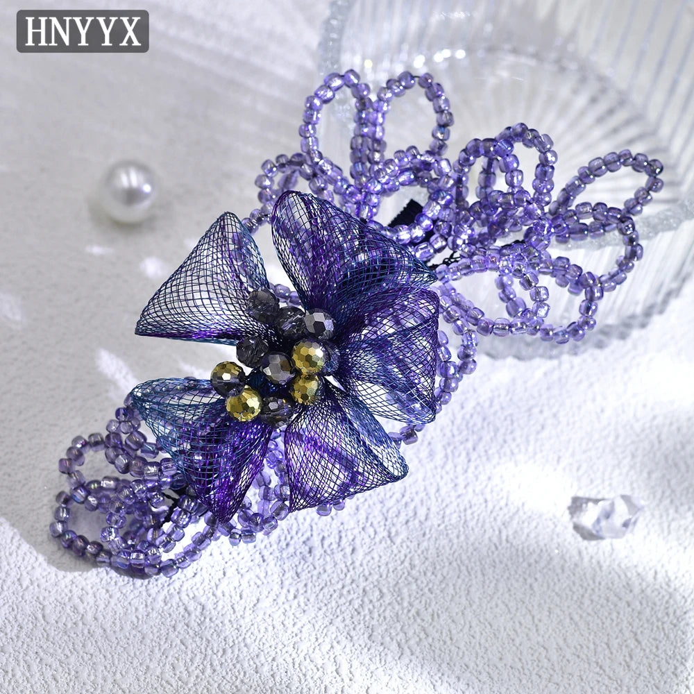 HNYYX Pearl Wide Hair Hoop Korean Popular Headband Alloy Double Row Hairband Party Fashion Hair Accessories
