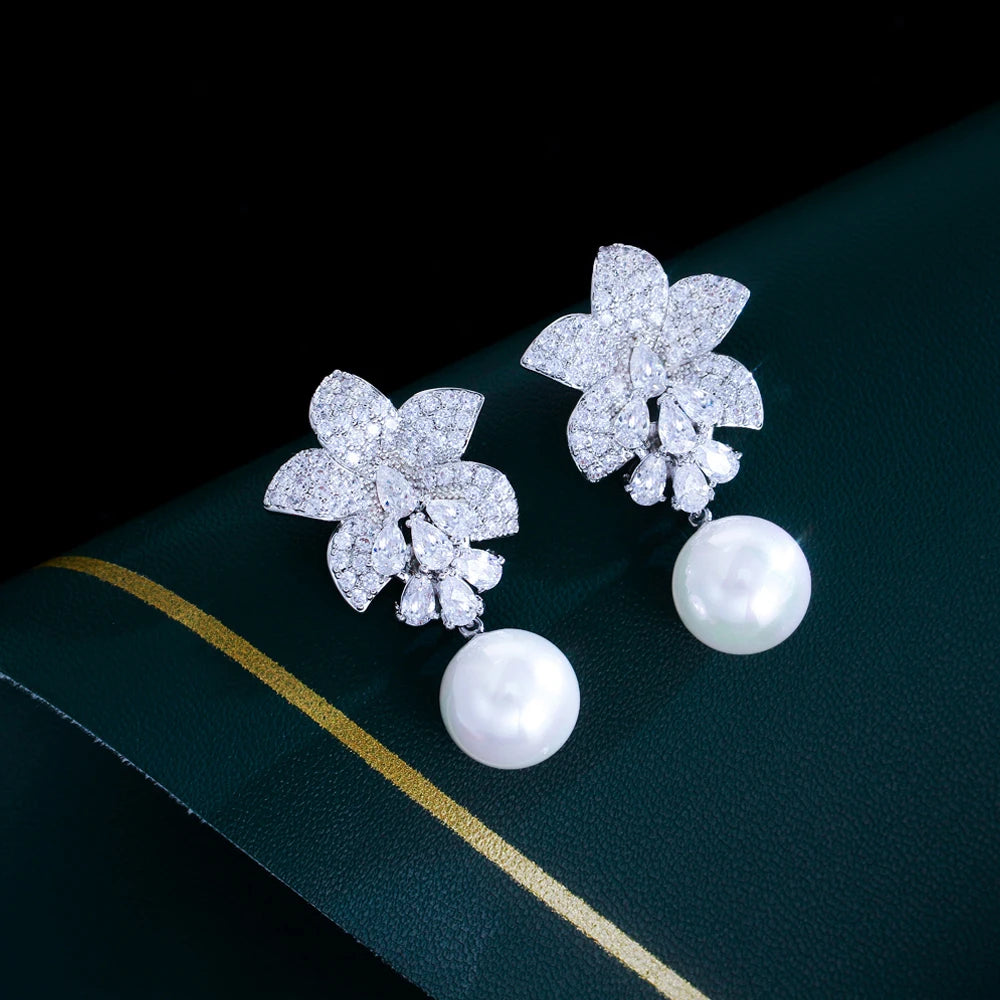 Pera Graceful Flower Charm White Cubic Zirconia Long Dangly Pearl Drop Earrings for Women Fashion Bridal Wedding Jewelry