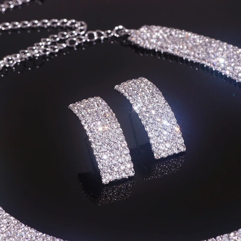 Sparkling Rhinestone Necklace Earrings Set for Women Silver Color Elegant Crystal Choker Necklace Bridal Wedding Jewelry Set