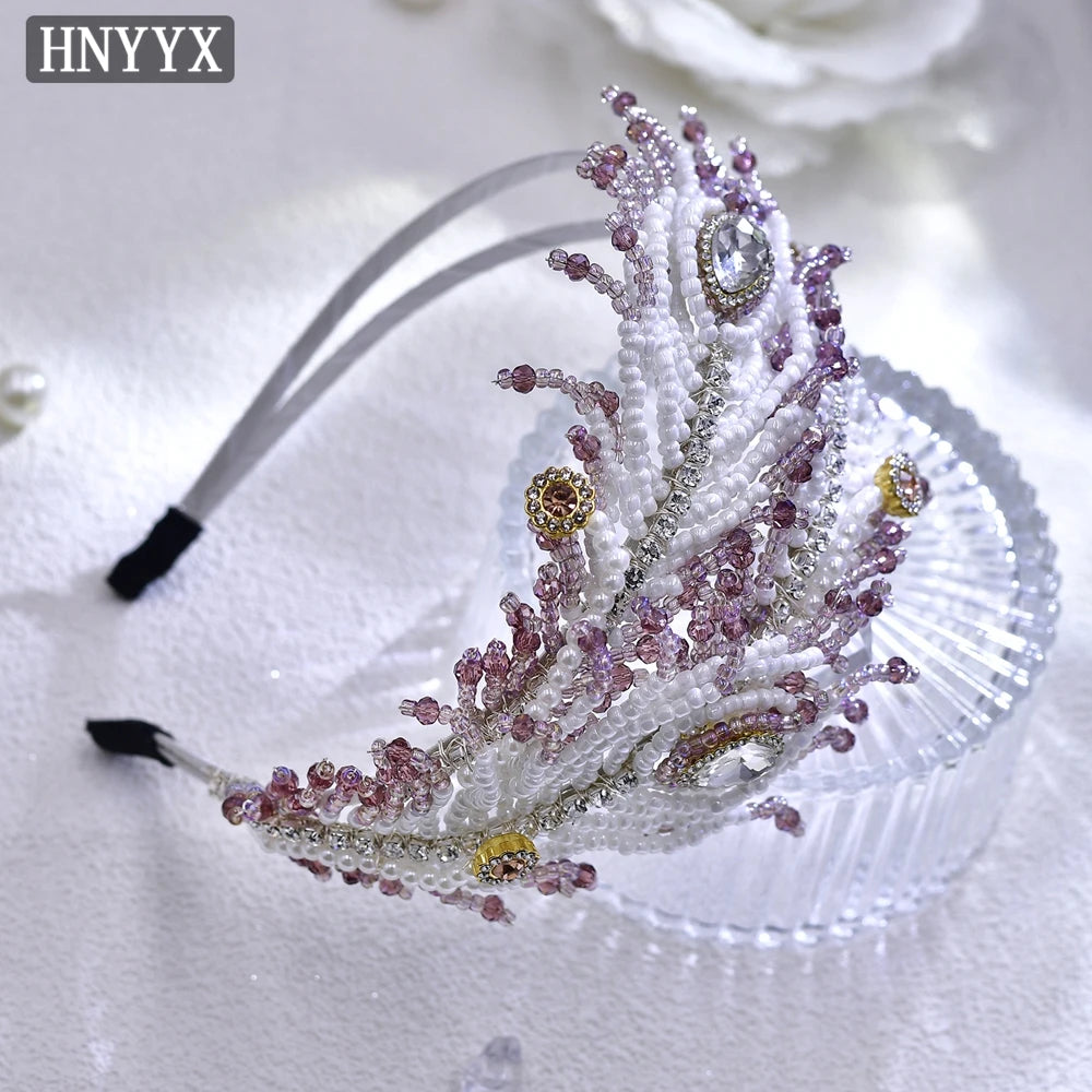 HNYYX Pearl Wide Hair Hoop Korean Popular Headband Alloy Double Row Hairband Party Fashion Hair Accessories