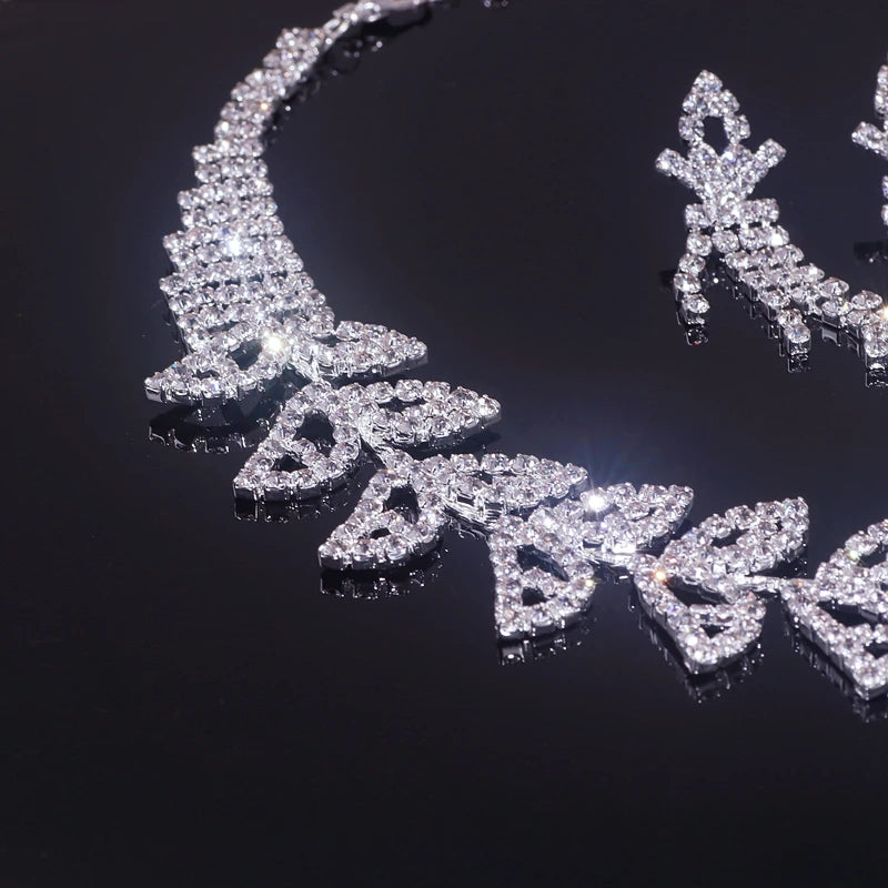 Sparkling Rhinestone Necklace Earrings Set for Women Silver Color Elegant Crystal Choker Necklace Bridal Wedding Jewelry Set