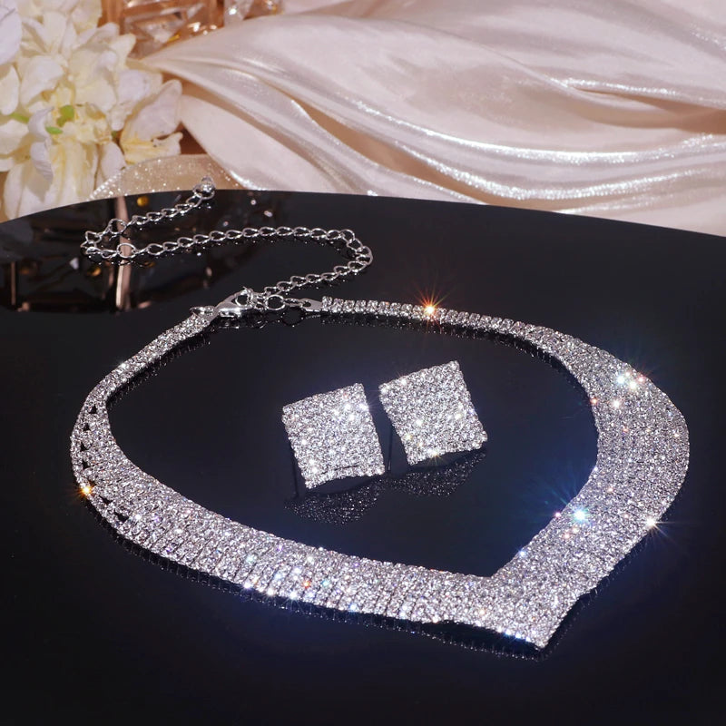 Sparkling Rhinestone Necklace Earrings Set for Women Silver Color Elegant Crystal Choker Necklace Bridal Wedding Jewelry Set