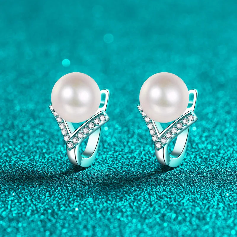 S925 Pure Silver Natural Freshwater 8mm Pearl Moissanite Party Earrings for Women