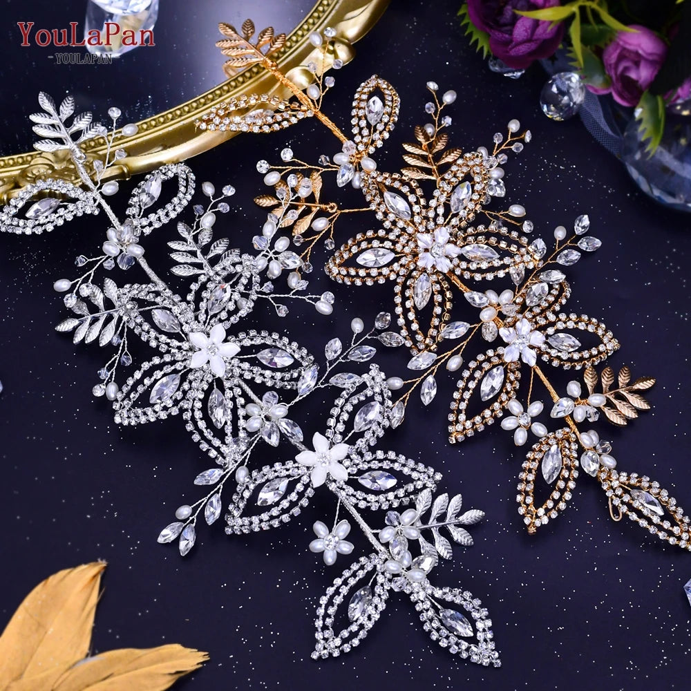 TOPQUEEN Bridal Side Clip Wedding Tiara Bridal Hairpins Handmade Rhinestone Women Headwear Alloy Flower Bride Headdress