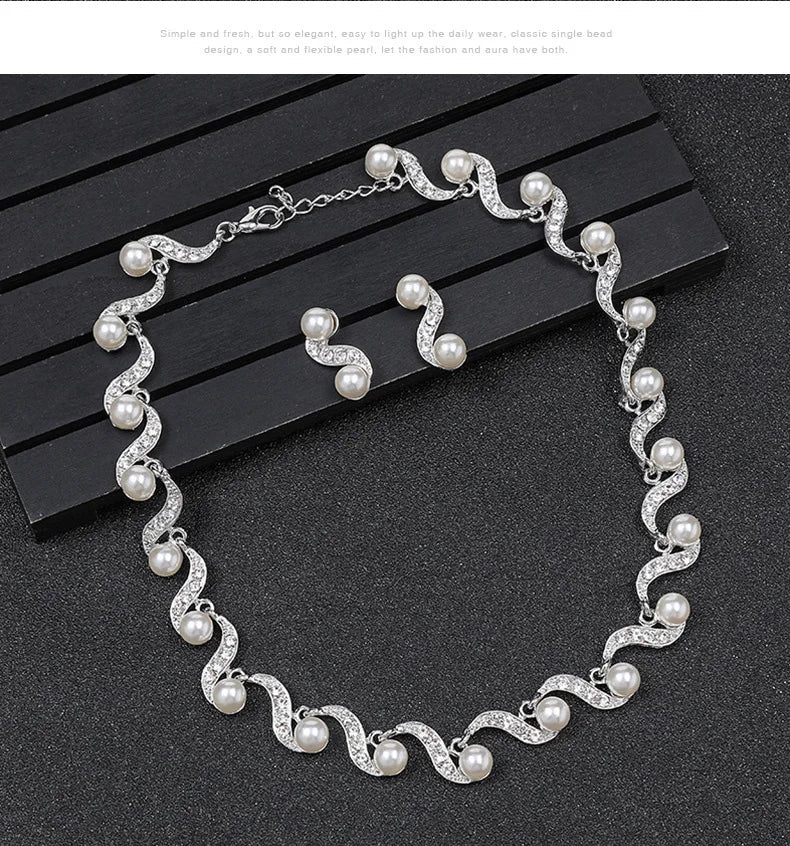 Pearl Necklace Earrings Two-piece Female Wedding Necklace Set Alloy