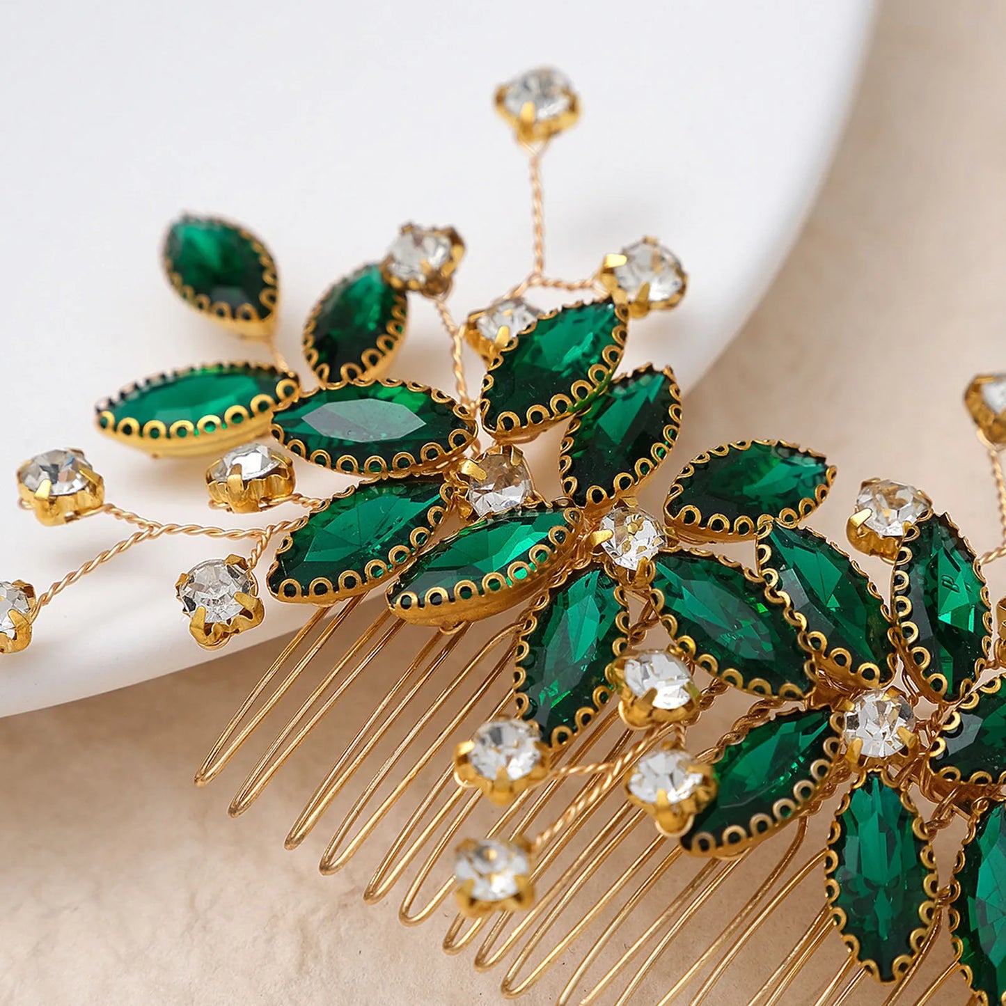 Green Crystal Hair Comb Wedding Bride Handmade Hair Jewelry Beads Headpiece Gliter Rhinestone Hair Accessories Fancy Hair Decor