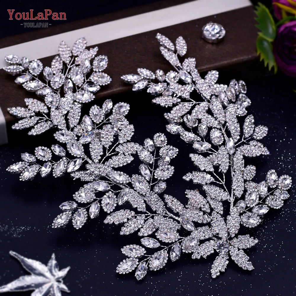 TOPQUEEN Bridal Side Clip Wedding Tiara Bridal Hairpins Handmade Rhinestone Women Headwear Alloy Flower Bride Headdress