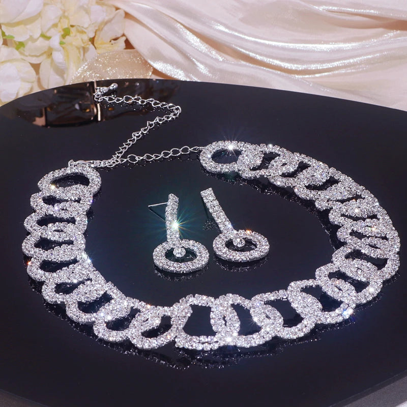 Sparkling Rhinestone Necklace Earrings Set for Women Silver Color Elegant Crystal Choker Necklace Bridal Wedding Jewelry Set