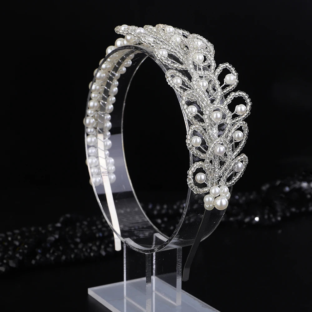 Handmade Wedding Luxury Tiara Princess Crowns Bridal Pearl Headband Costume Hair Accessories For Women Crystal bead Head Jewelry