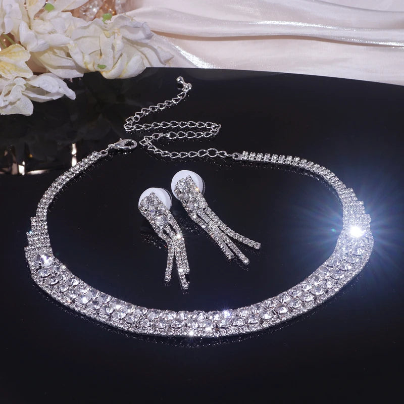 Sparkling Rhinestone Necklace Earrings Set for Women Silver Color Elegant Crystal Choker Necklace Bridal Wedding Jewelry Set